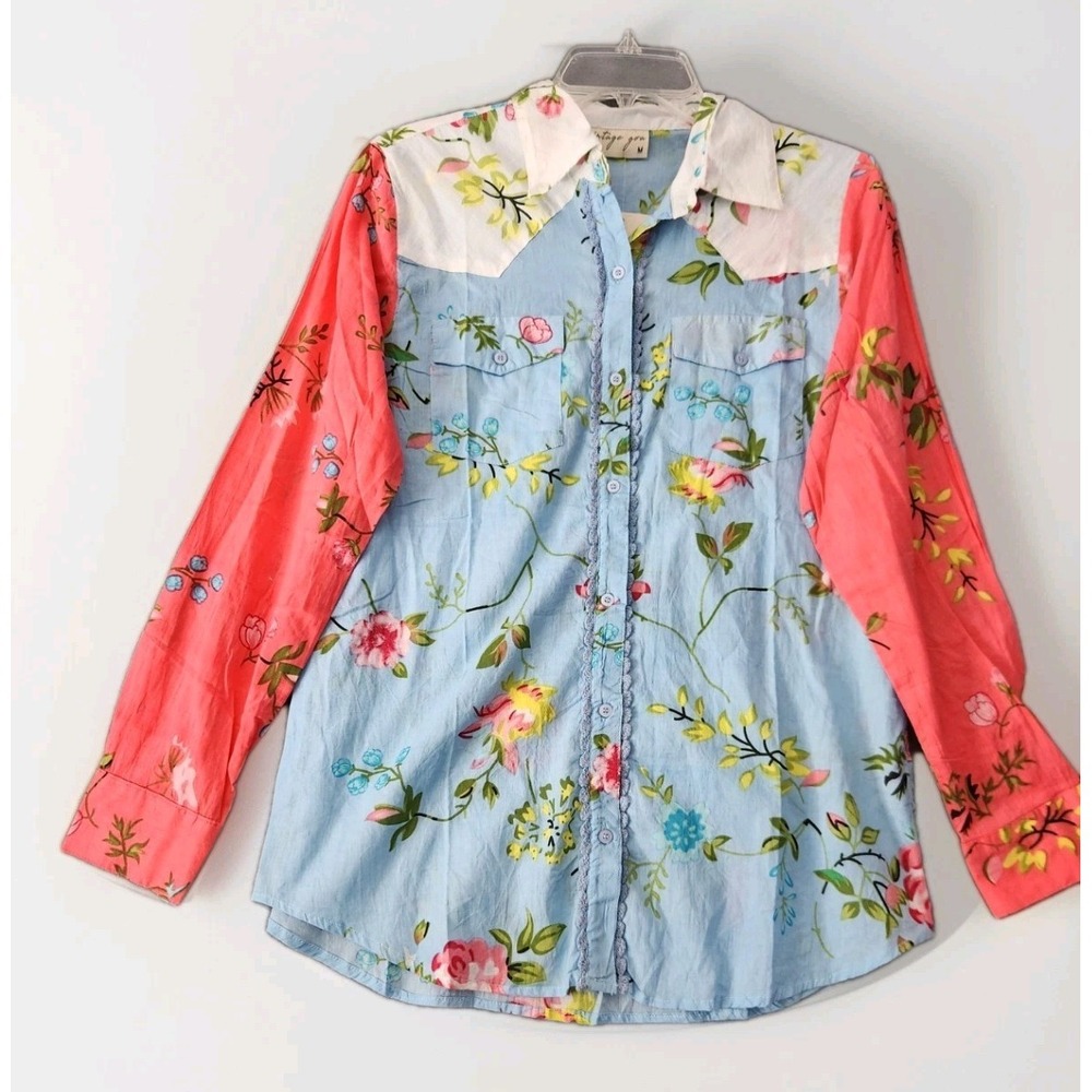 Vintage Goa Top Womens Sz M Floral Patchwork Button Up Boho Blouse Western NEW